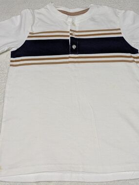 365 Kids Boys Henley Shirt Size 8 White Navy Blue Tan Striped Tee Short Sleeve